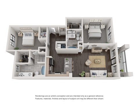 Floor plan for 2 beds, 2 baths, 1117 sqft